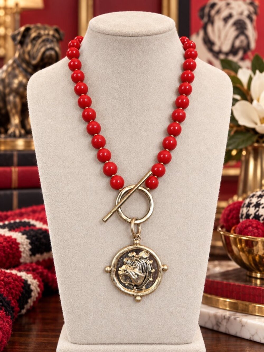 Red Beaded Bulldog Necklace, Gold Toggle Statement Necklace, Game Day Jewelry
